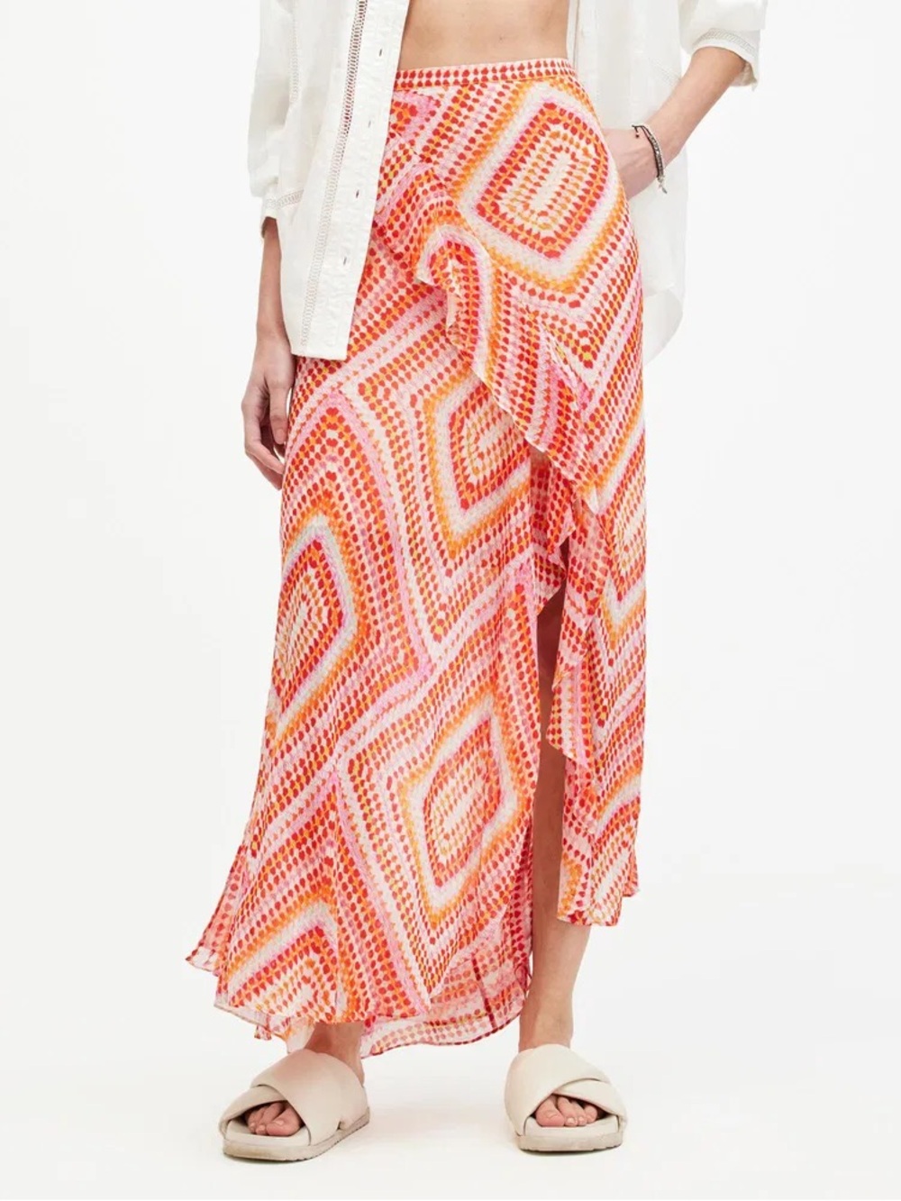 ALLSAINTS Sara Luisa Asymmetric Ruffle Midi Skirt Blood Orange Size 12 NWT New